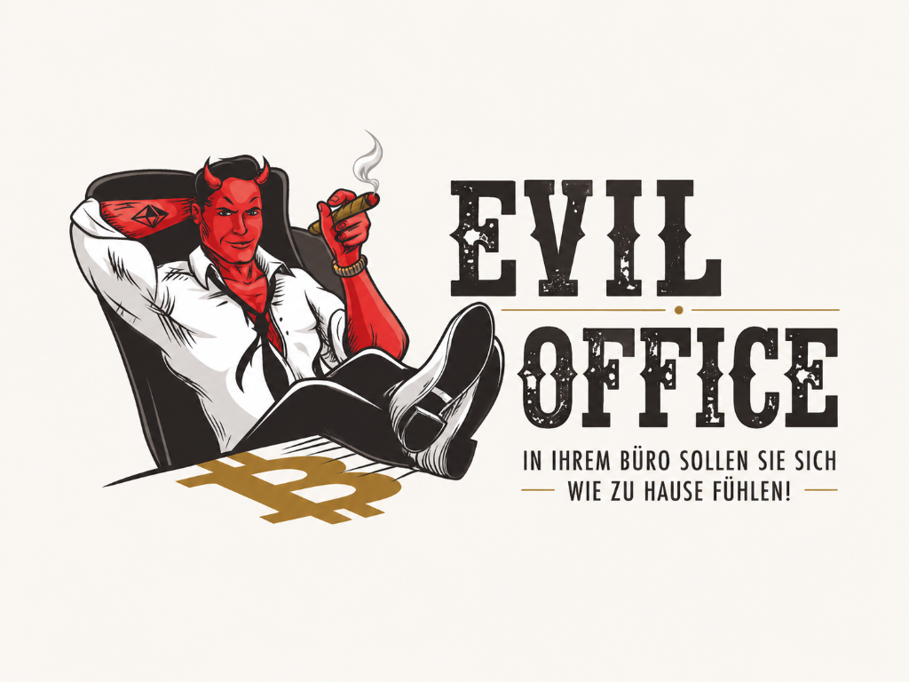 Evil Office Büromöbel Berlin – Teufelsmaskottchen mit Zigarre im Bürostuhl und Western-Schriftzug